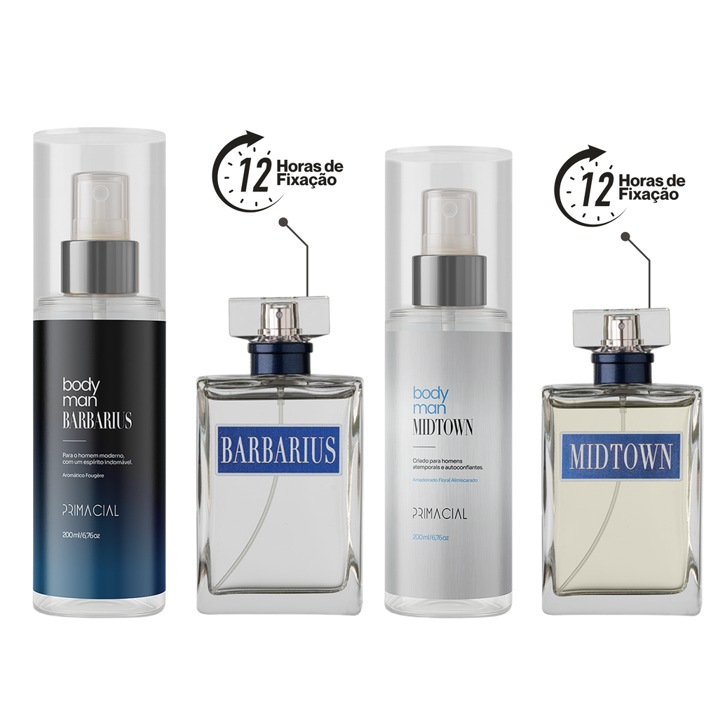 Kit BARBARIUS & MIDTOWN Perfumes 100ml + Body Man 200ml + BRINDE EXCLUSIVO!!!